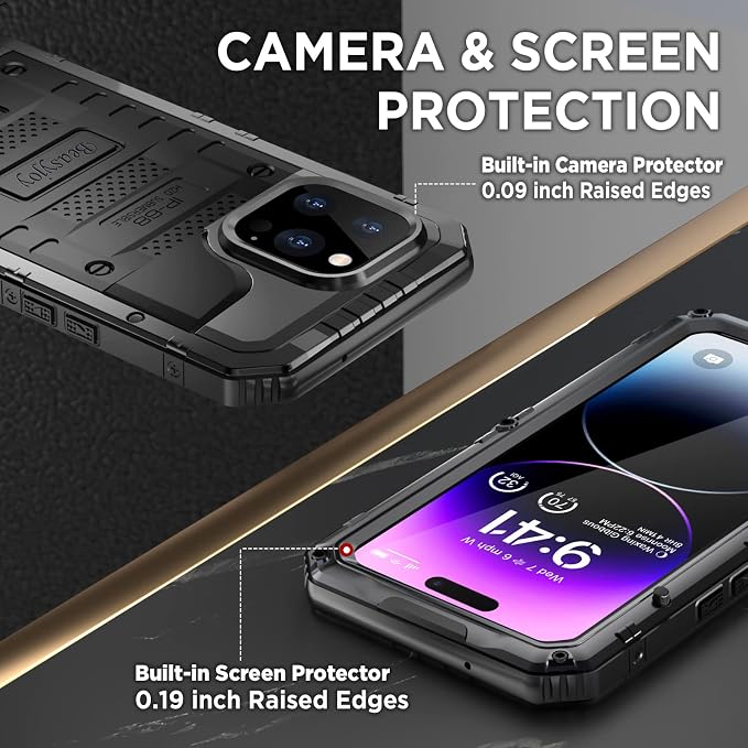 Beasyjoy for iPhone 14 Pro Max Waterproof Case, Metal Heavy Duty Case with Built-in Screen Protector, Full Body Protective Military Grade Shockproof Dustproof Defender Rugged Case 6.7 Inch, Black