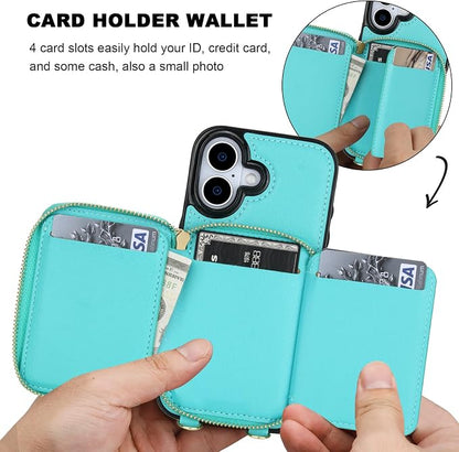 Bocasal RFID Blocking Wallet Case for iPhone 17, Adjustable Crossbody Zipper Purse Case Card Holder with Kickstand Detachable Wrist Strap, PU Leather Flip Folio Case 6.3 Inch 5G (Mint Green)