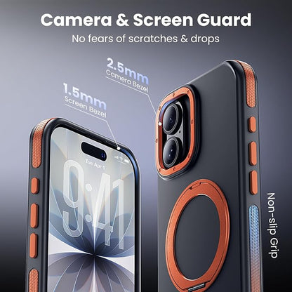 Strong Magnetic Case for iPhone 17 (6.3", 2025) with Stand, Drop-Proof Bumper Cover with Contrast Color Border, Military-Grade Drop Protection, Shockproof Slim Thin Cover,Orange