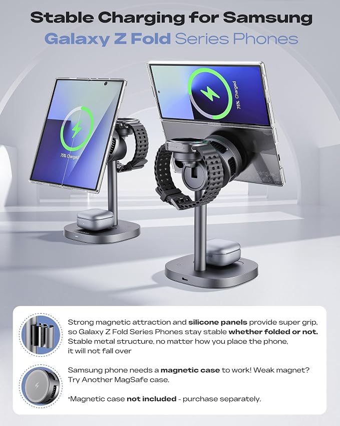 Magnetic Wireless Charger for Samsung, Fast 15W Certified 3 in 1 Charging Station TEC Cooling Compatible with Mag-Safe for Galaxy S26 Ultra/S25/Z Fold 7/Flip7, Samsung Watch Ultra/8/7,Galaxy Buds