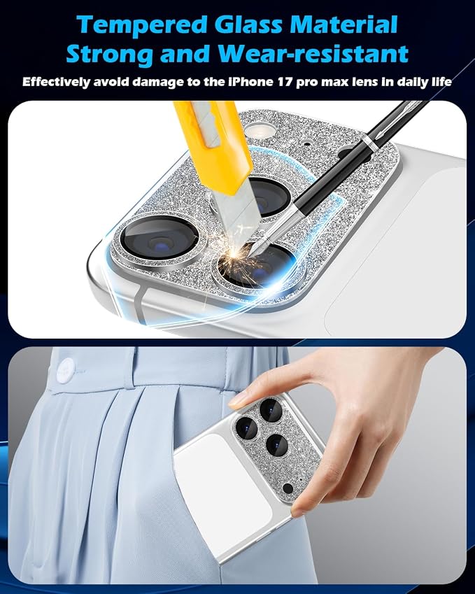 imluckies Compatible with iPhone 17 Pro Max Camera Lens Protector Bling, Ultra HD Tempered Glass Shiny Diamond Camera Plate Sparkle Screen Protection, 9H Anti-Scratch & Easy Install, Glitter Gray