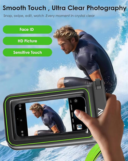 【2025 Upgraded】4 Pack Black - IP68 Waterproof Phone Pouch Floating Design No Sink Waterproof Phone Case - Beach Pool Travel Essentials - Works w/ All Phones - Detachable Lanyard - Black/Hi-Vis Green