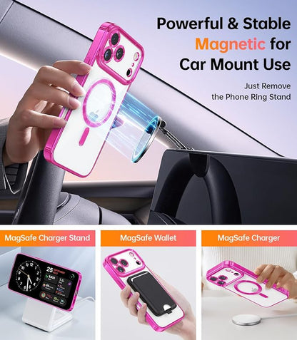 Meifigno Magnetic Case Designed for iPhone 17 Pro Max with Removable Phone Ring Stand, Glitter Card & Wrist Strap, Compatible with MagSafe, Built in Mirror, Phone Ring Holder + Case Kit, Hot Pink