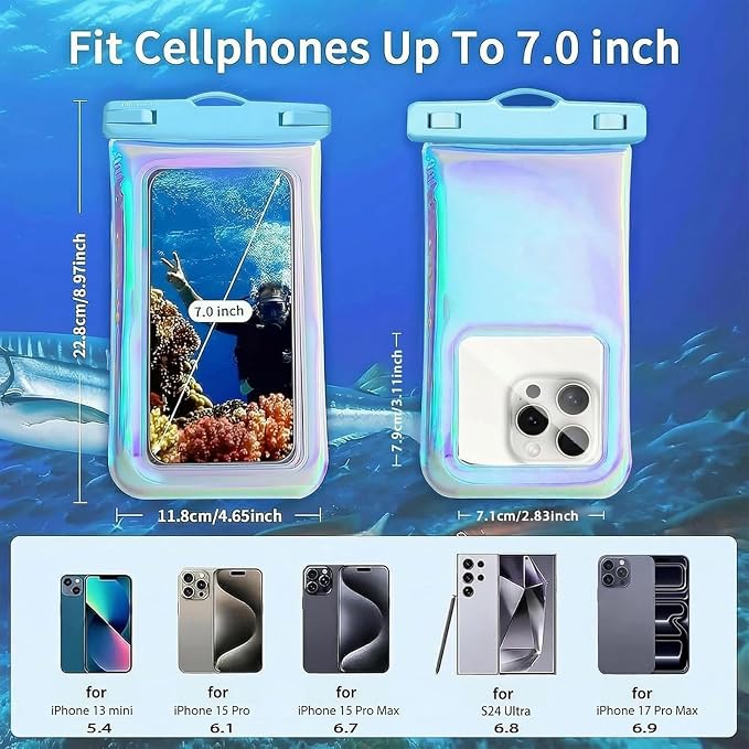 Floatable Soap Bubble Waterproof Phone Pouch/Case with Crossbody Lanyard for iPhone 17 16 Pro Max/15 Pro/14/13/12, IP68 Cellphone Dry Bag Beach Cruise Ship Essentials,Iridescent Blue,1 Pack