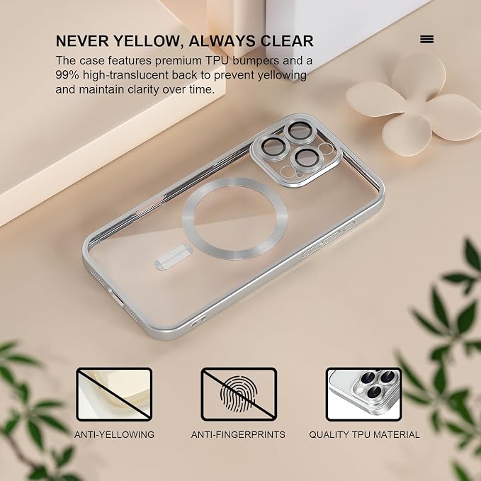 Misea Magnetic for iPhone 16 Pro Max Case Compatible with MagSafe [Never Yellowing] [Military Grade Drop Protection] Full Camera Lens Protector Plating Soft Clear Phone Case for Women, Titanium Silver