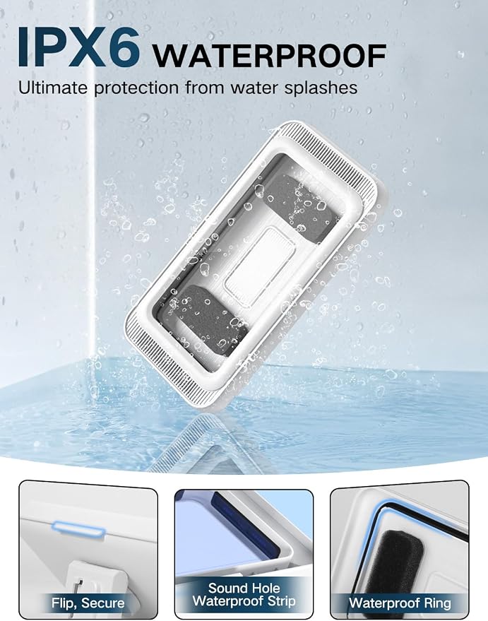 Kairiyard Shower Phone Holder Waterproof, Speaker Holes 360° Rotatable Retractable Anti-Fog High Sensitivity Clear Sound Wall Mounted Phone Case for Bathroom Mirror Bathtub Kitchen, Up to 7 Inch