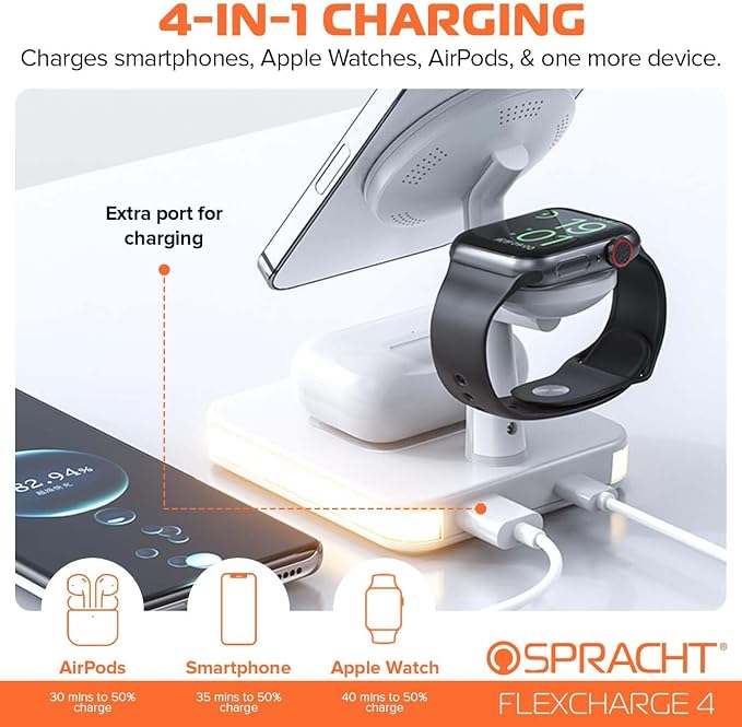 Spracht Flex Charge 4, 4-in-1 Wireless Charging Stand | 25W Fast Charger, Magnetic Connection -Works for Smartphone, Watch, Ear Buds, Qi-Enabled Devices | Nightlight, Magnetic Charging Stand (White)