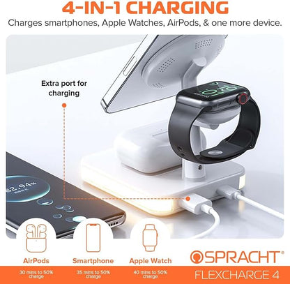 Spracht Flex Charge 4, 4-in-1 Wireless Charging Stand | 25W Fast Charger, Magnetic Connection -Works for Smartphone, Watch, Ear Buds, Qi-Enabled Devices | Nightlight, Magnetic Charging Stand (White)