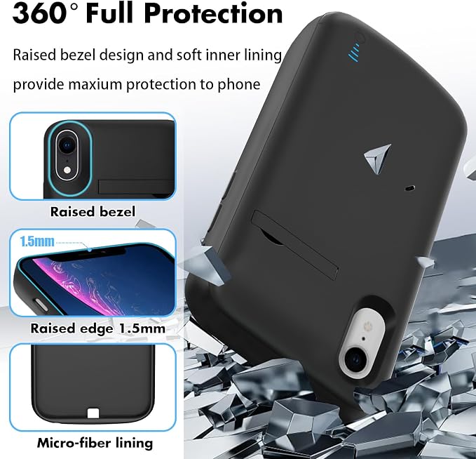 Battery Case for iPhone XR, Real 8500mAh Protective Phone Charging Case with Kickstand Ultra-Slim Rechargeable Extended Battery Charger Cover - 6.1 inch Black