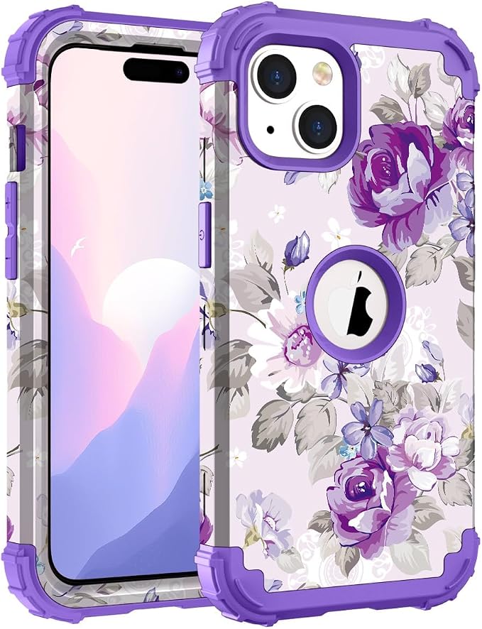 Hocase for iPhone 15 Plus Case, Heavy Duty Shockproof Protection Soft Silicone Rubber Bumper+Hard Plastic Hybrid Protective Case for iPhone 15 Plus 6.7" 2023 - Lavender Flowers