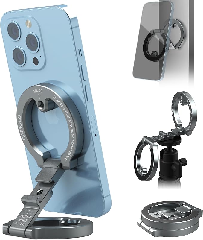 Dual Magnetic Phone Holder Compatiable with Magsafe for iPhone 16 15 14 13 12 Pro Max Plus Series, 1/4" Screw Tripod Mount, Gym Magnetic Phone Stand Travel(Silver)