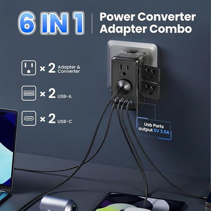 2000W Voltage Converter US to Europe, with 2 USB A and 2 USB C Ports | 220V to 110V Converter for European Travel for Hair Dryer, Travel Adapter Converter Combo