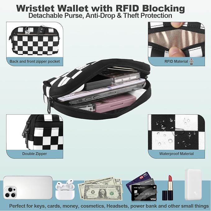 YFWE Clip and Go Strap for Phone with Wallet Crossbody, Adjustable Phone Lanyard with Detachable RFID Wristlet Wallet, Phone Strap with Phone Tabs for All Phones, Black Checkered (L)