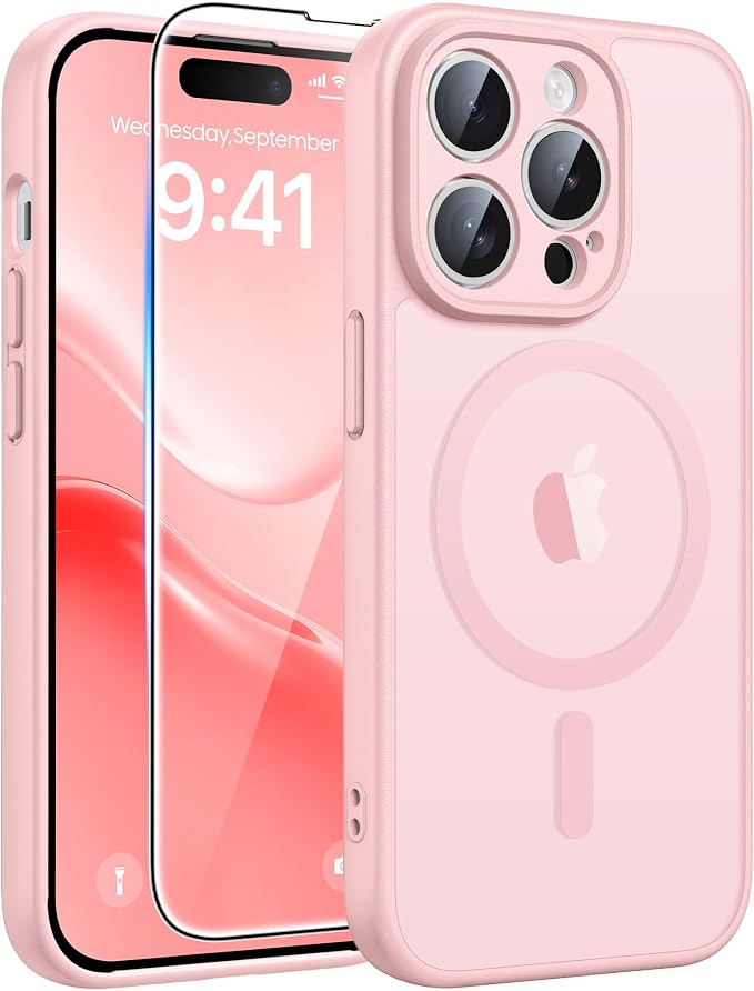 FNTCASE for iPhone 14 Pro Case: [Compatible with Magsafe] Translucent Matte Cases with [Full Camera Protection] [Screen Protector] Military Grade Shockproof Protective Phone Cover - Light Pink