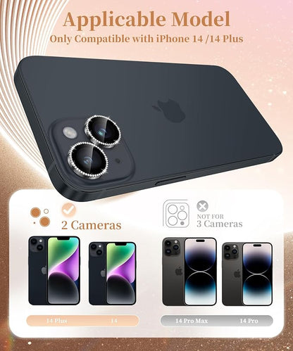 GolbinBox Camera Lens Protector for iPhone 14/14 Plus, 1:1 Invisible Fit, 9H Tempered Glass Ultra HD Metal Individual Camera Cover for Women, Case Friendly, Bling/Black
