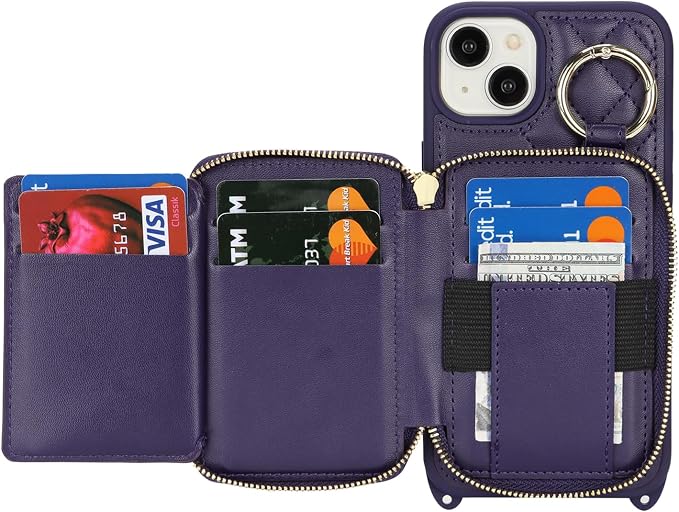 Crossbody Wallet Case for iPhone 14 Plus, PU Leather Zipper Handbag Purse Flip Cover, Kickstand Folio Case with Card Slots Holder Wrist Strap Lanyard 5G 6.7 Inch-Purple