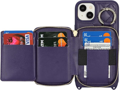 Crossbody Wallet Case for iPhone 14 Plus, PU Leather Zipper Handbag Purse Flip Cover, Kickstand Folio Case with Card Slots Holder Wrist Strap Lanyard 5G 6.7 Inch-Purple