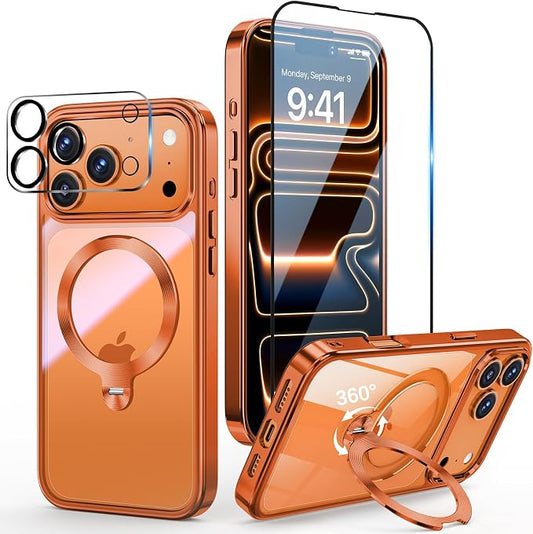 [Tri-Shield Protection] for iPhone 17 Pro Max Case with 360° Spin Stand Compatible with MagSafe [Magnetic CD Ring][Screen & Camera Lens Protector]Shockproof Plating Never-Yellowing, Cosmic Orange-6.9"