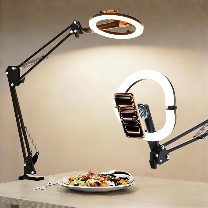 CloudValley Overhead Phone Mount with 10" Ring Light, 5000mAh Magnetic Desktop Tripod with Battery Display, Foldable Portable LED Light with 3 Modes & 10-Level Brightness for Makeup, Selfies, TikTok