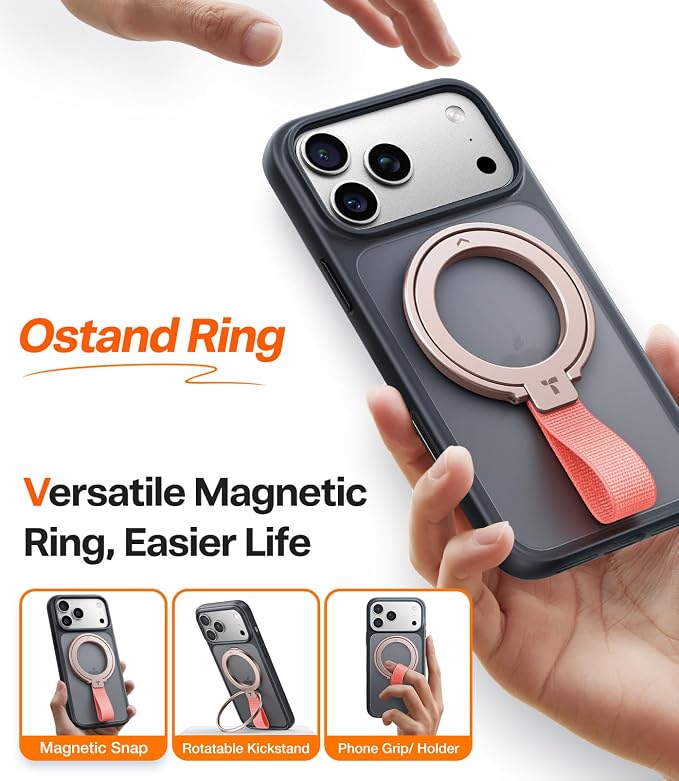 TORRAS 2025 Upgrade (Gen 6.0) Magnetic Phone Grip Holder Kickstand with Braided Strap, Fit for MagSafe Ring Removable, for iPhone 17 16,15, 14, 13 12 Pro/Max Samsung, Google (Rose Gold), Ostand Ring