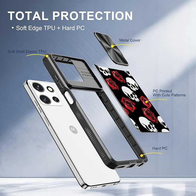 for Motorola Moto G 5G 2025 Case with Red Rose Skull, Metal Slide Camera Cover, Screen Protector, Anti-Peeping Privacy Safeguard, Camera Lens Protector Phone Case for Moto G 5G 2025