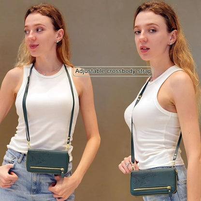 Lacass for iPhone 16 Pro Max 6.9 inch 2024 Wallet Case, Crossbody Dual Zipper Detachable Magnetic Leather Wallet Case Cover Wristlets Wrist Strap 13 Card Slots Money Pocket(Floral Cyan Green)