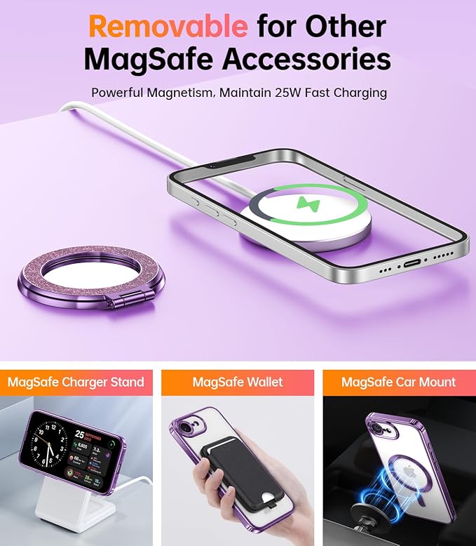 Meifgino Magnetic Case with Removable Phone Ring Stand for iPhone 16E 6.1’’, [Glitter Card & Wrist Strap] [MagSafe Compatible] [Built in Mirror] Phone Ring Stand + Phone Case Kit, Purple