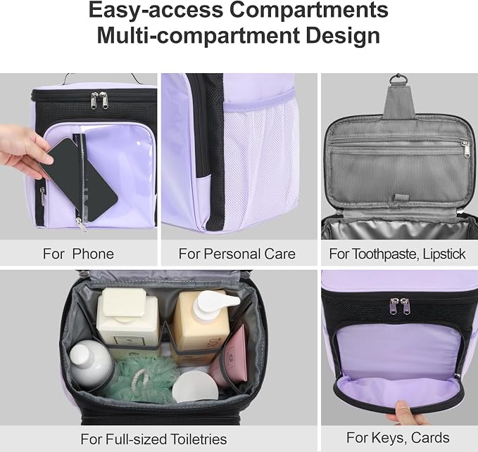 F-color Shower Caddy Portable for College Dorm Essentials - Large Hanging Sturdy Handle Toiletry Tote Bag with Hook, Multiple Pockets, Quick Dry Organizer for Camping, Travel, Gym, Purple