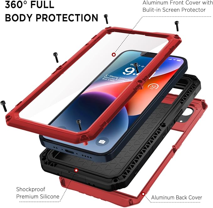 Beasyjoy for iPhone 14 Plus Case, IP68 Waterproof Metal Heavy Duty Defender Case with Built-in Screen Protector, Military Grade Full Body Protective Defender Shockproof Rugged Cover 6.7 Inch, Red