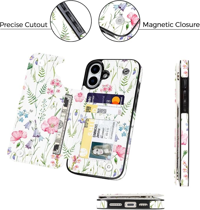 uCOLOR for iPhone 17 Wallet Case with Card Holder PU Leather RFID Blocking Design iPhone 17 flip case for Women Men Magnetic Clasp Kickstand Design 6.3 inch (Pink Flowers)
