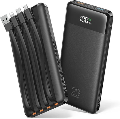 20000mAh Power Bank Fast Charging, Portable Charger with 4 Built-in Cables & 6 Outputs, 20W PD USB C Battery Pack Compatible with iPhone 16/15, Galaxy, Android, iPad & More (Travel Essential)