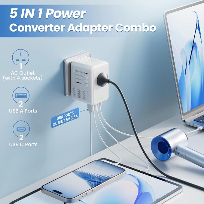 Converter for European Travel with AC Socket, 2 USB C & 2 USB A Ports | Specially for Hair Dryers, Compact Voltage Converter US to Europe, 220v to 110v Voltage Converter