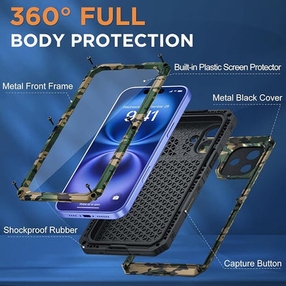 Beasyjoy for iPhone 16 Case Waterproof, Metal Heavy Duty Full Body Protective Case with Built-in Screen Protector, Military Grade Shockproof Dustproof Defender Rugged Cover for iPhone 16 6.1" Camo
