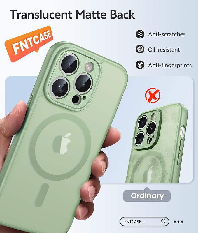 FNTCASE for iPhone 14 Pro Case: [Compatible with Magsafe] Translucent Matte Cases with [Full Camera Protection] [Screen Protector] Military Grade Shockproof Protective Phone Cover - Light Moss