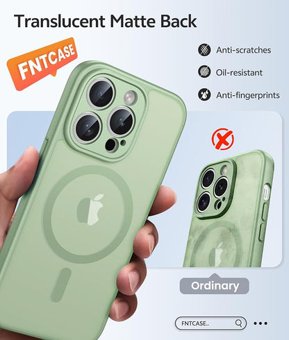 FNTCASE for iPhone 14 Pro Case: [Compatible with Magsafe] Translucent Matte Cases with [Full Camera Protection] [Screen Protector] Military Grade Shockproof Protective Phone Cover - Light Moss