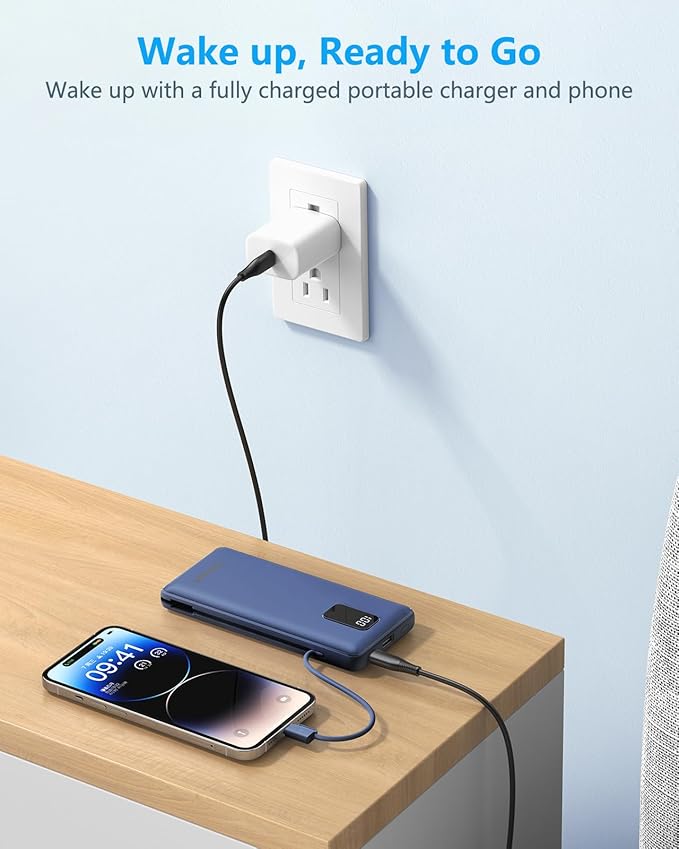 charmast Portable Charger with Built-in Cables and Plug, 10000mAh USB C Power Bank Fast Charging, External Battery Pack Slim, Travel Essentials Compatible with iPhones, Samsung Galaxy, iPad (Grey)