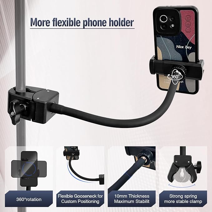 Clip Phone Holder for Desk,Pole,Pipe,Boom,Flat Surface with Adjustable Aluminium Arm Phone Clamp Mount for Mic Stand,Treadmill Compatible with All 4-7” Cell Phone (Long-Gooseneck Arm Phone Holder)