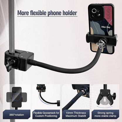 Clip Phone Holder for Desk,Pole,Pipe,Boom,Flat Surface with Adjustable Aluminium Arm Phone Clamp Mount for Mic Stand,Treadmill Compatible with All 4-7” Cell Phone (Long-Gooseneck Arm Phone Holder)