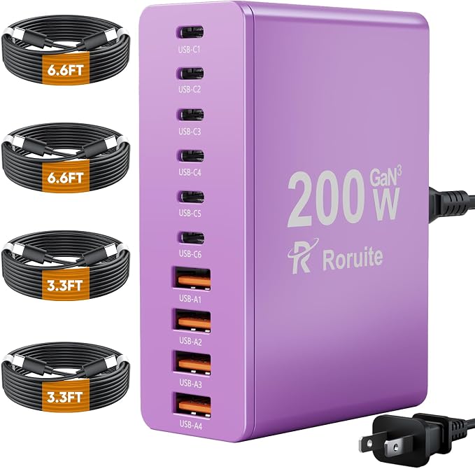USB C Charging Station 10 Port with 4 Cables,200W GaN Type C Charger Block | Wall Charger Power Strip Adapter Plug for iPad iPhone17 16 15 14 13 12 Pro Max Pixel Note Galaxy Purple