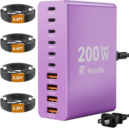 USB C Charging Station 10 Port with 4 Cables,200W GaN Type C Charger Block | Wall Charger Power Strip Adapter Plug for iPad iPhone17 16 15 14 13 12 Pro Max Pixel Note Galaxy Purple