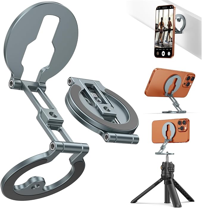 Dual Magnetic Phone Stand Holder Ultrathin, YC-21 Double Magnetic Phone Holder Foldable 1/4" Screw Tripod Mount Compatible with MagSafe for iPhone 17 16 15 14 13 12 Pro Max Plus Gym Magnet