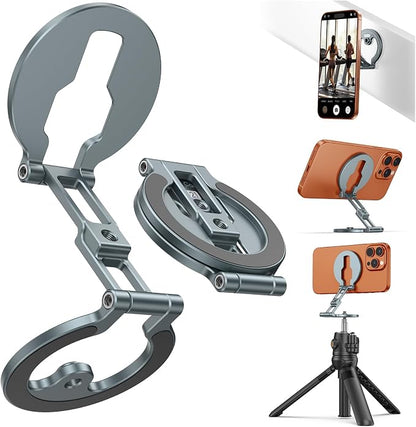 Dual Magnetic Phone Stand Holder Ultrathin, YC-21 Double Magnetic Phone Holder Foldable 1/4" Screw Tripod Mount Compatible with MagSafe for iPhone 17 16 15 14 13 12 Pro Max Plus Gym Magnet