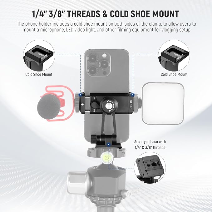 Neewer Phone Tripod Mount Adapter with Arca Type QR Base, Cold Shoe, 1/4" 3/8" Holes, 360° Swivel 180° Tilt, Phone Holder Compatible with iPhone Samsung Arca Swiss DJI RS 4 Pro 3 2 Stabilizer, SP-18