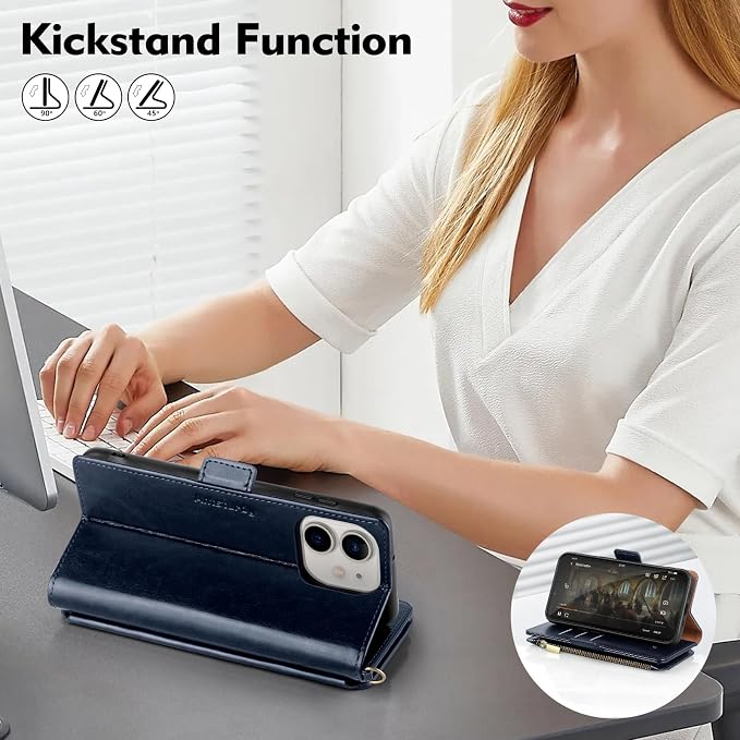 Antsturdy Compatible with iPhone 12 mini Wallet Case,RFID Blocking PU Leather Phone Case Women Men Kickstand Flip Cover Wrist Strap Zipper Credit Card Holder Slots,for Apple 12 mini,Dark Blue