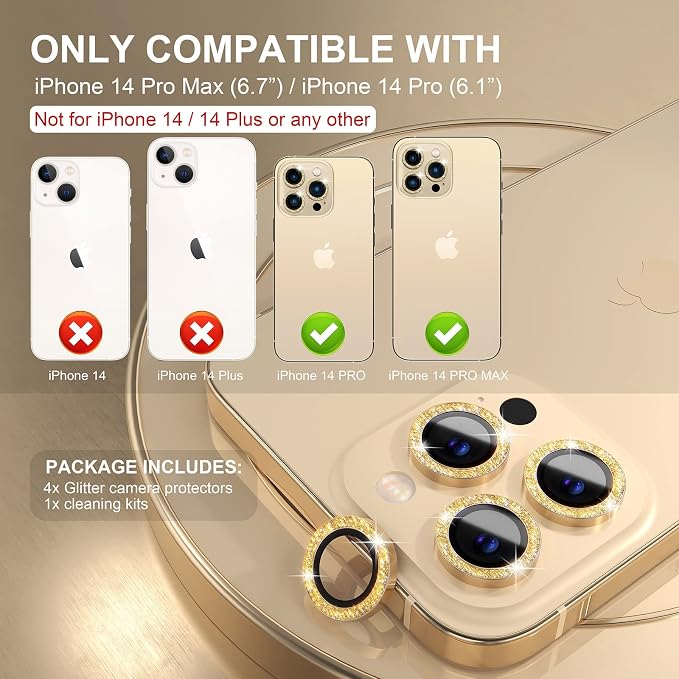 Choiche Compatible for iPhone 14 Pro/iPhone 14 Pro Max Camera Lens Protector Bling, 9H Tempered Glass Camera Cover Screen Protector Metal Ring Decoration Accessories (Glitter-Gold)