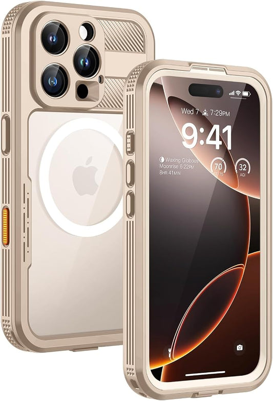 Lanhiem Magnetic for iPhone 16 Pro Max Case, IP68 Waterproof Dustproof Case, [Compatible with Magsafe] [Built-in Screen Protector] Full Body Heavy Duty Rugged Phone Cover 6.9 inch, Desert
