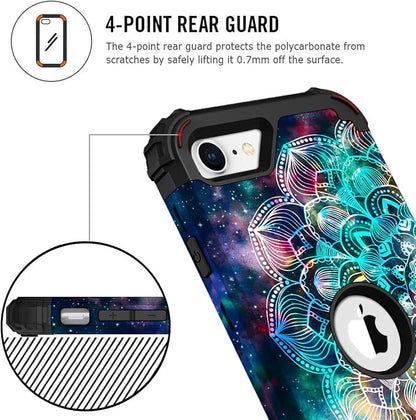 Hocase for iPhone SE 2022/2020 Case, Heavy Duty Shockproof Protection Hard Plastic+Silicone Rubber Hybrid Protective Case for iPhone SE 3rd/2nd Generation (4.7") - Mandala in Galaxy