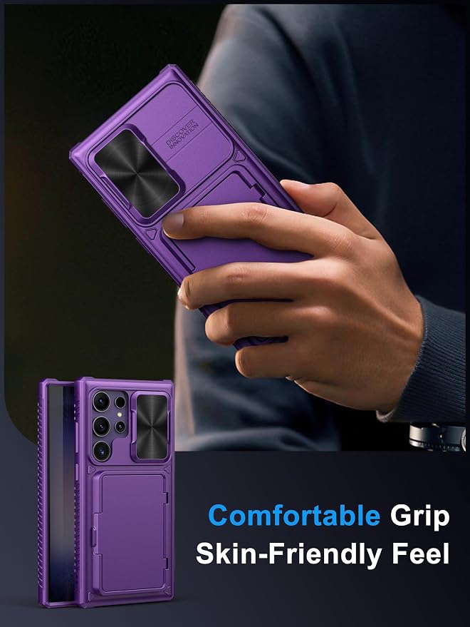 Vihibii for Samsung Galaxy S23 Ultra Case with Card Holder & Sliding Camera Cover & Kickstand, Shockproof Rugged Hard Back & TPU Edge Wallet Case for Galaxy S23 Ultra 5G 6.8" 2023, Dark Purple
