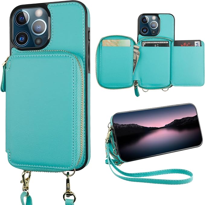 Bocasal RFID Blocking Wallet Case for iPhone 13 Pro, Adjustable Crossbody Zipper Purse Case Card Holder with Kickstand Detachable Wrist Strap, PU Leather Flip Folio Case 6.1 Inch 5G (Mint Green)