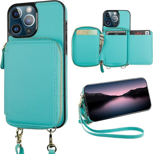 Bocasal RFID Blocking Wallet Case for iPhone 13 Pro, Adjustable Crossbody Zipper Purse Case Card Holder with Kickstand Detachable Wrist Strap, PU Leather Flip Folio Case 6.1 Inch 5G (Mint Green)